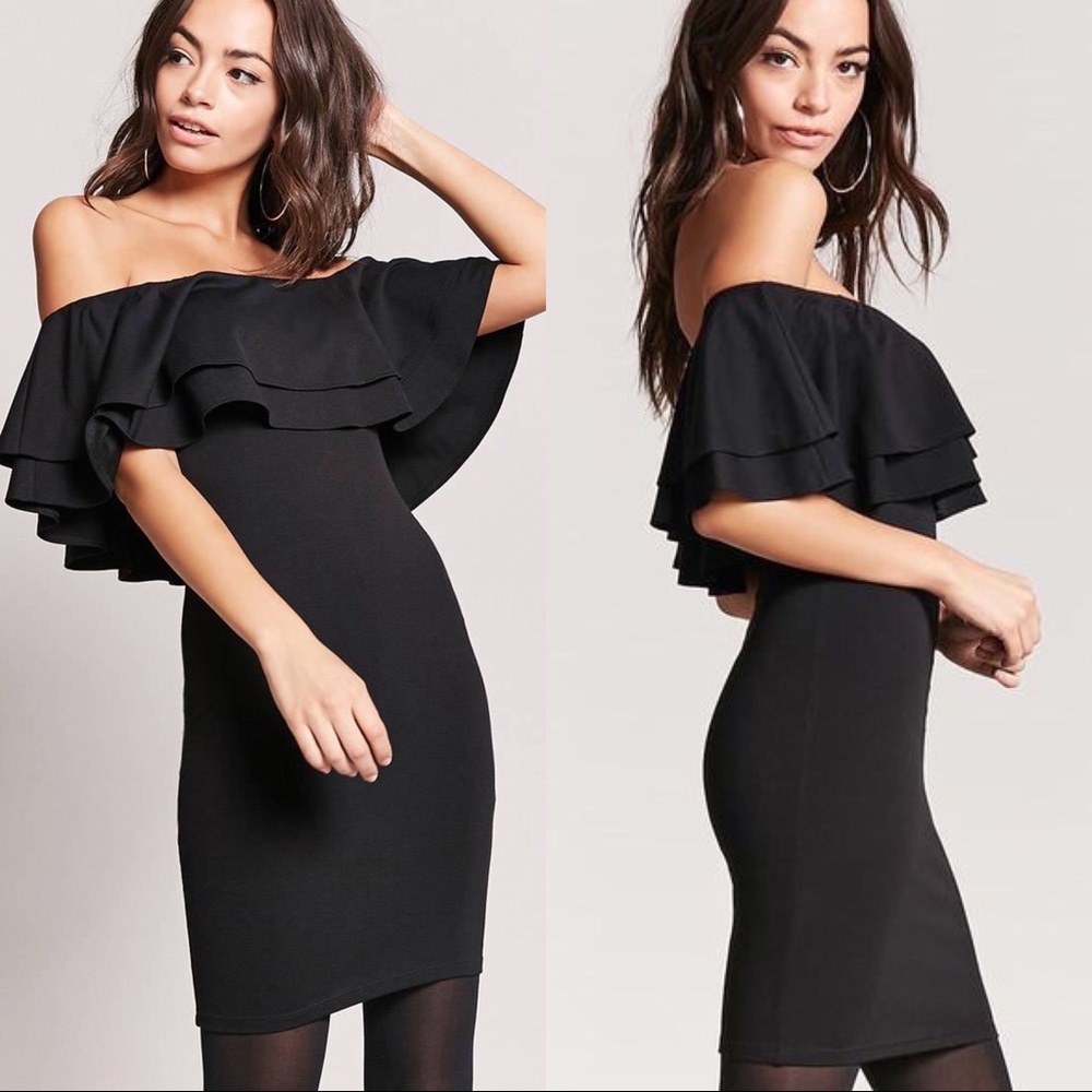 Forever 21 Black Ruffle Off Shoulder Bodycon Dress